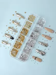 美甲珠收纳盒 12 槽长盒 - Ab 颜色和白色半圆形仿珍珠饰物，各种尺寸，美甲装饰收纳盒，适用于 DIY 美甲用品、美甲宝石