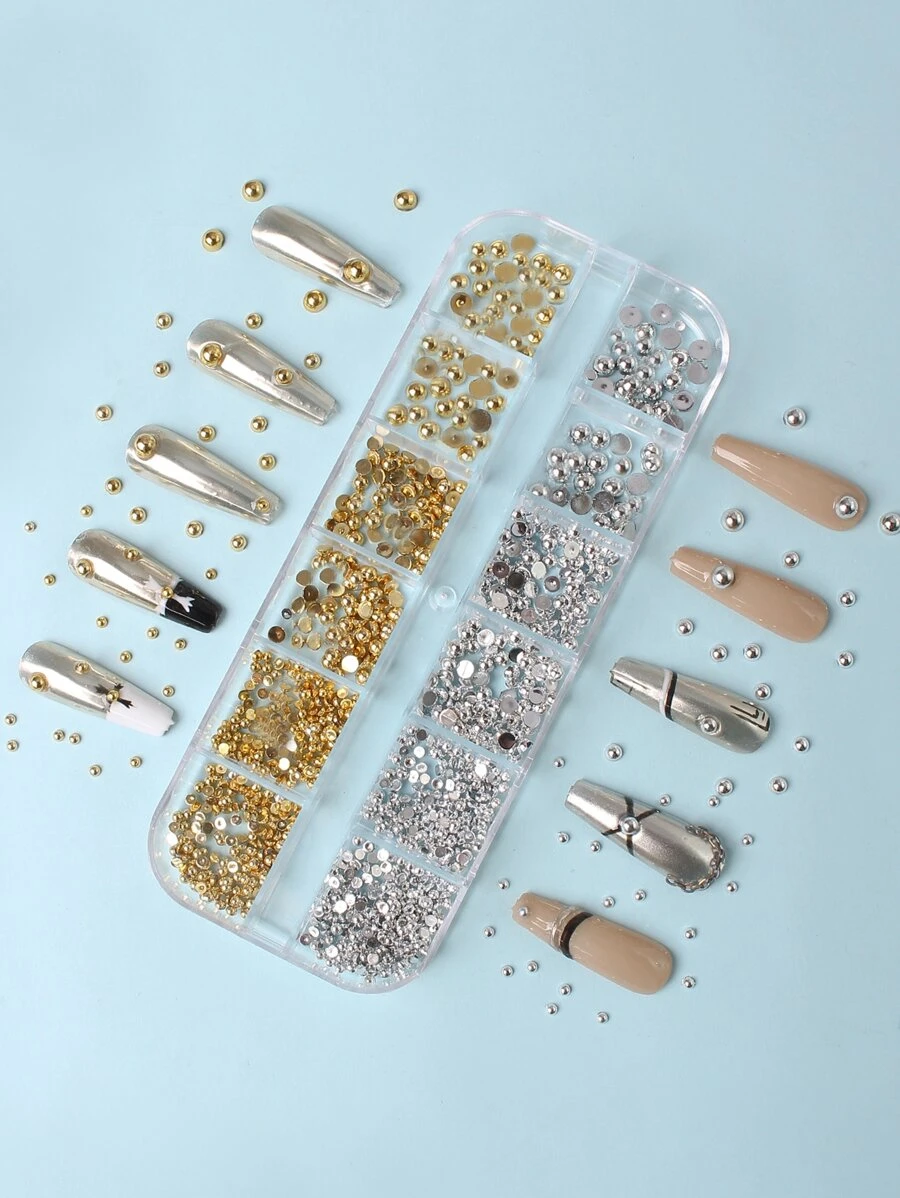 美甲珠收纳盒 12 槽长盒 - Ab 颜色和白色半圆形仿珍珠饰物，各种尺寸，美甲装饰收纳盒，适用于 DIY 美甲用品、美甲宝石
