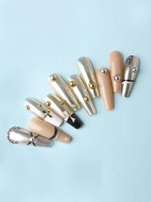 美甲珠收纳盒 12 槽长盒 - Ab 颜色和白色半圆形仿珍珠饰物，各种尺寸，美甲装饰收纳盒，适用于 DIY 美甲用品、美甲宝石