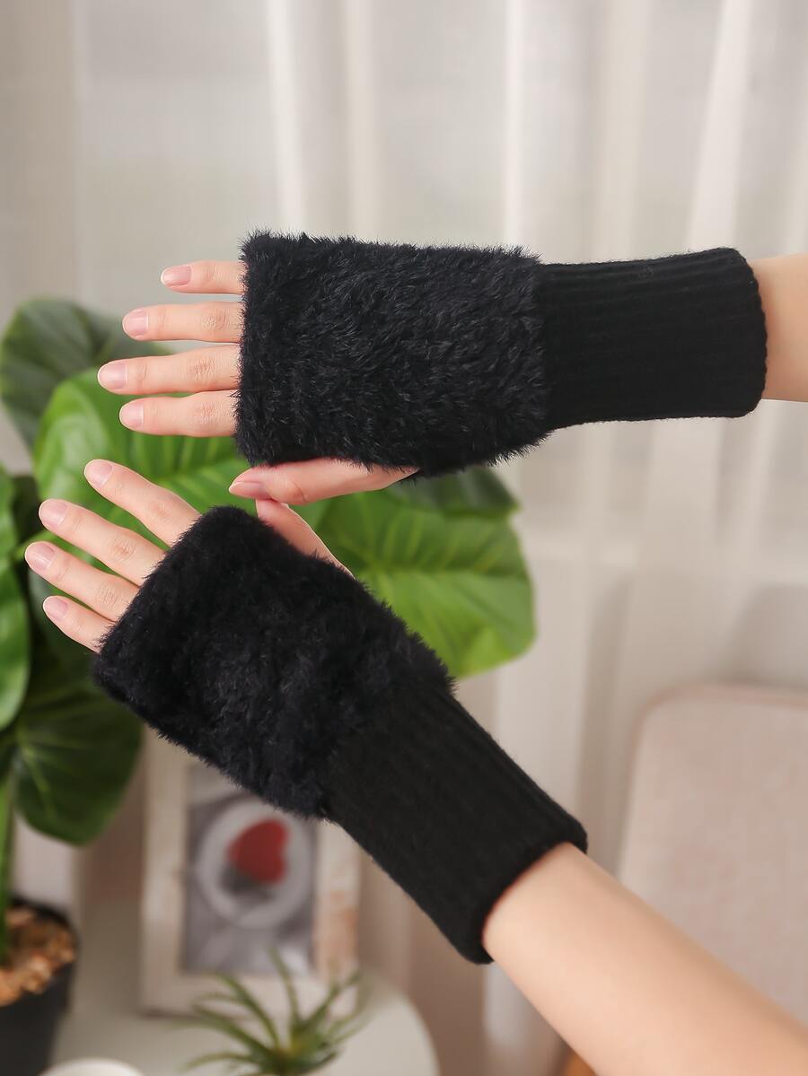 1 Pair Women's White Fingerless Fluffy Warm Wrist Gloves For Winter - Black - View 1