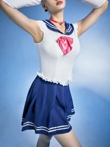 ROMWE Anime 6pack Contrast Lace Bow Decor School Girl Costume Set - Blue and White - View 5