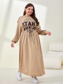 Mulvari 大碼字母圖案落肩袖腰部抽繩連衣裙 - 卡其色 - 查看 4