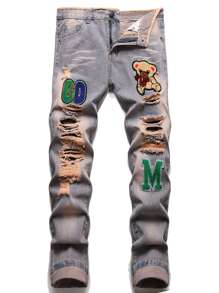 Jeans rasgados con parches de dibujos animados y letras para hombre - Azul lavado medio - Ver 1