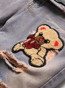 Jeans rasgados con parches de dibujos animados y letras para hombre - Azul lavado medio - Ver 3