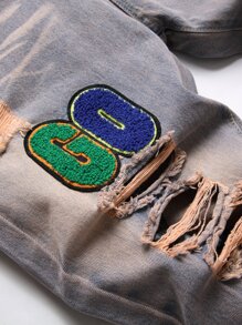 Jeans rasgados con parches de dibujos animados y letras para hombre - Azul lavado medio - Ver 4