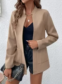 SHEIN LUNE Áo khoác ngoài nữ Túi màu trơn Giải trí - Màu Khaki - Xem 3