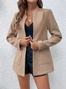 SHEIN LUNE Áo khoác ngoài nữ Túi màu trơn Giải trí - Màu Khaki - Xem 5