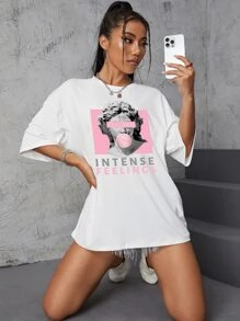 INAWLY Sculpture & Letter Graphic Drop Shoulder Tee Graphic Tees Women Tops - White - View 4