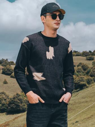 男士圖形圖案落肩袖套頭毛衣