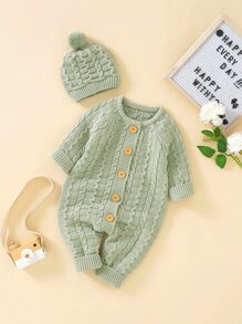 Baby Raglan Sleeve Cable Knit Jumpsuit - Mint Green - View 1