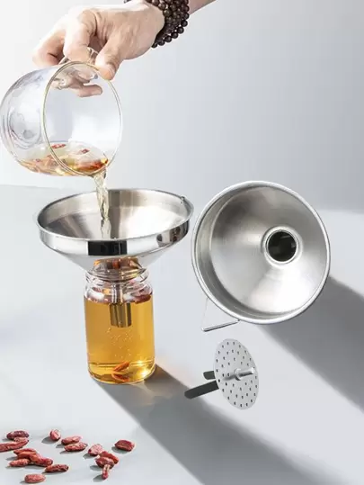 1pc Stainless Steel Funnel With Filter, Minimalist Kitchen Funnel For Household