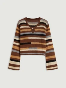 SHEIN MOD 條紋圖案荷葉袖套頭毛衣 - 彩色 - 查看 2