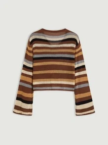 SHEIN MOD 條紋圖案荷葉袖套頭毛衣 - 彩色 - 查看 5