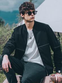 Men Zip Up Bomber Jacket - Black - View 3