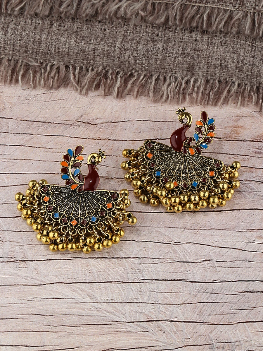 Bông tai thả bóng trang trí con công - Nhiều màu - Xem 1