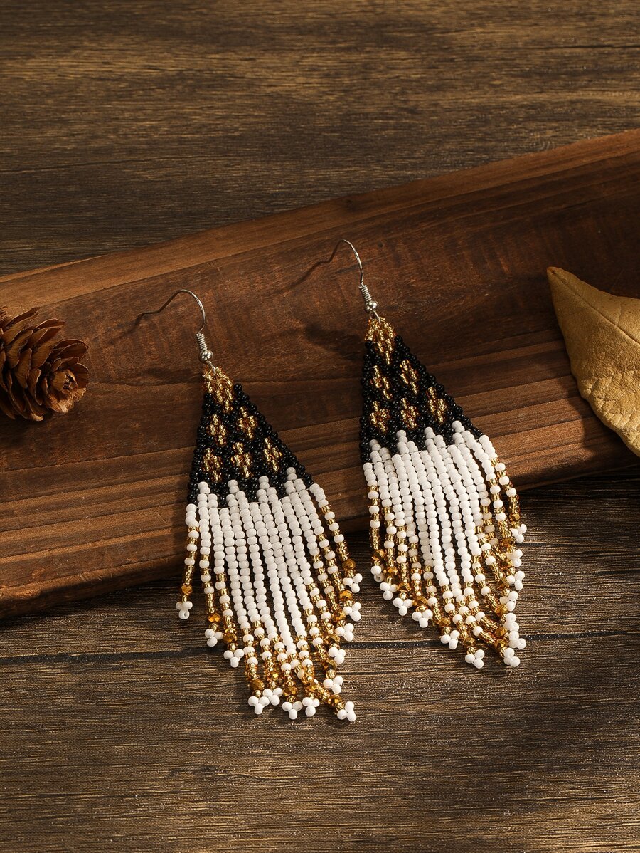 Bead Tassel Drop Earrings - Multicolor - View 1