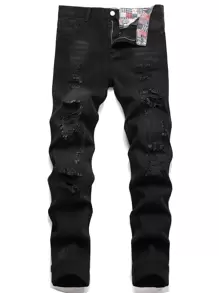 Men Ripped Frayed Skinny Jeans - Black - View 1