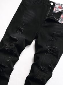 Men Ripped Frayed Skinny Jeans - Black - View 5