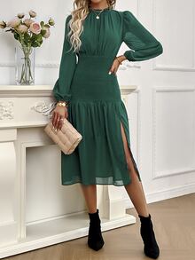 SHEIN Unity 燈籠袖褶邊高衩連衣裙 - 綠色 - 查看 4