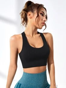 Easithlete Áo sơ mi thể thao liền mạch Racer Back Tank Top Gym Top Fit - màu đen - Xem 2