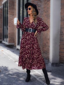 SHEIN LUNE Allover Print Flounce Sleeve Ruffle Hem Dress Without Belt - Burgundy - View 1