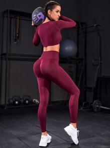 Yoga Basic 2 Piezas Conjunto Deportivo Sin Costuras, Traje De Chándal Especialmente Para Deportes De Gimnasio Con Agujero De Pulgar En Las Mangas Y Leggings Que Controlan El Abdomen - Rojo violeta - Ver 4