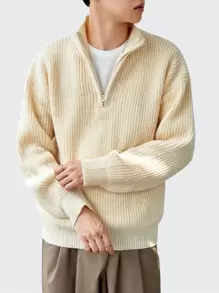 Manfinity Hypemode 男士四分之一拉鏈落肩袖套頭毛衣 - 米色 - 查看 1