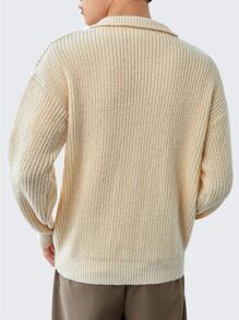 Manfinity Hypemode 男士四分之一拉鏈落肩袖套頭毛衣 - 米色 - 查看 2