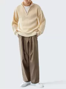 Manfinity Hypemode 男士四分之一拉鏈落肩袖套頭毛衣 - 米色 - 查看 3