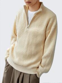 Manfinity Hypemode 男士四分之一拉鏈落肩袖套頭毛衣 - 米色 - 查看 4