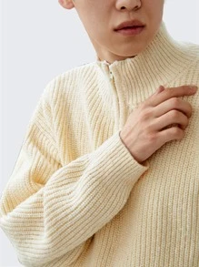 Manfinity Hypemode 男士四分之一拉鏈落肩袖套頭毛衣 - 米色 - 查看 5