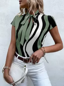 EMERY ROSE Block Striped Tie Neck Blouse - Multicolor - View 5