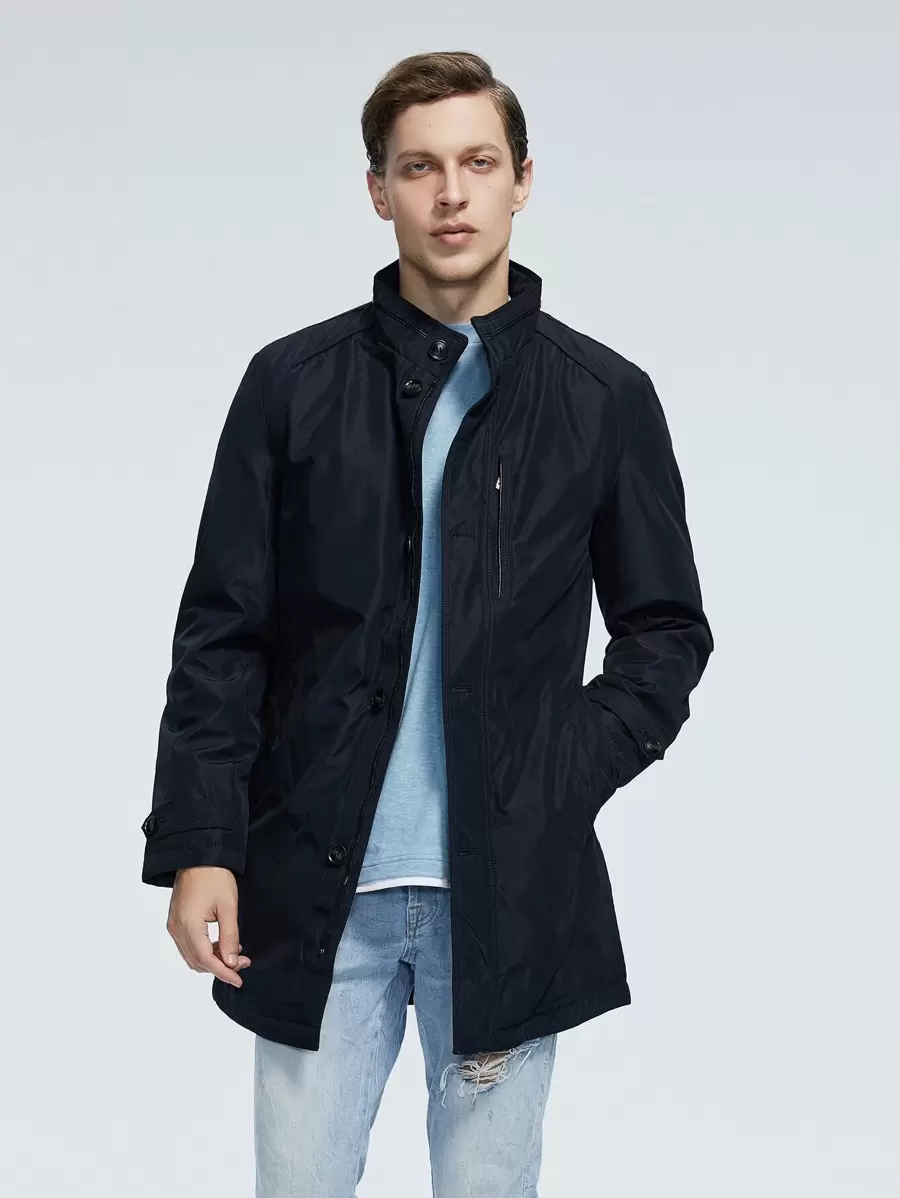 Men Zip Up Snap Button Padded Coat - Navy Blue - View 1