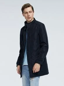 Men Zip Up Snap Button Padded Coat - Navy Blue - View 3