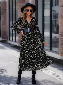 SHEIN LUNE 滿版印花荷葉袖荷葉邊連衣裙不附腰帶 - 黑色 - 查看 3