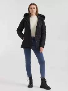 Zip Up Hooded Padded Coat For Winter - Black - View 1