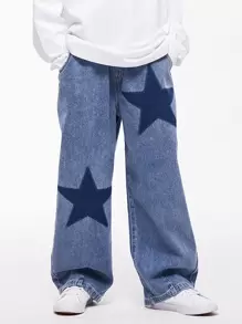 Tween Boy Color Blocking Star Pattern Denim Pants, Street Dance Jeans For Spring And Autumn