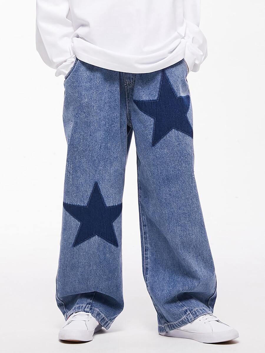 Tween Boy Color Blocking Star Pattern Denim Pants, Street Dance Jeans For Spring And Autumn