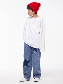 Tween Boy Color Blocking Star Pattern Denim Pants, Street Dance Jeans For Spring And Autumn