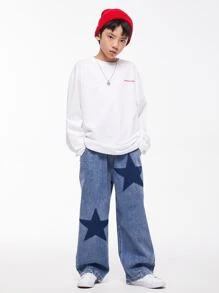 Tween Boy Color Blocking Star Pattern Denim Pants, Street Dance Jeans For Spring And Autumn