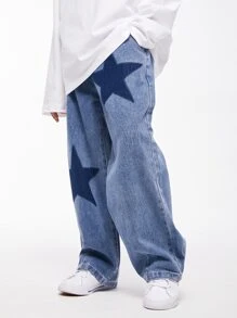 Tween Boy Color Blocking Star Pattern Denim Pants, Street Dance Jeans For Spring And Autumn