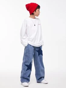 Tween Boy Color Blocking Star Pattern Denim Pants, Street Dance Jeans For Spring And Autumn