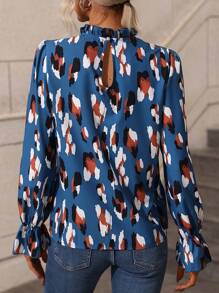 SHEIN VCAY Allover Print Flounce Sleeve Blouse - Blue - View 2