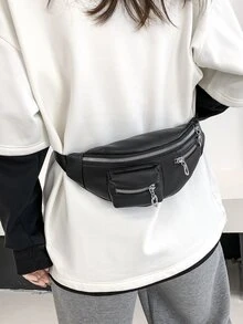 荔枝紋壓花金屬愛心裝飾腰包 - 黑色 - 查看 2