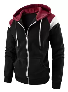 男士裁剪拼塊拉鏈連帽衫 - 黑色 - 查看 1