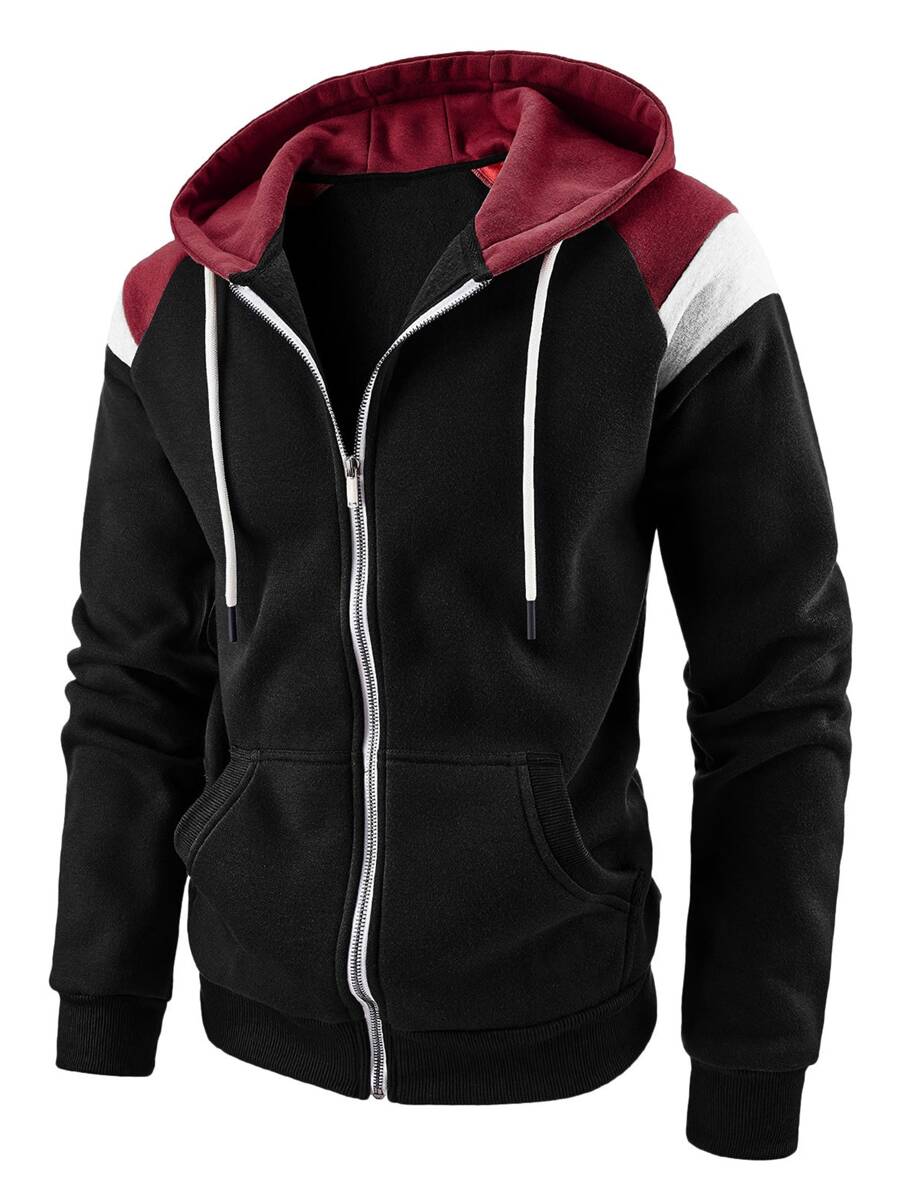男士裁剪拼塊拉鏈連帽衫 - 黑色 - 查看 1