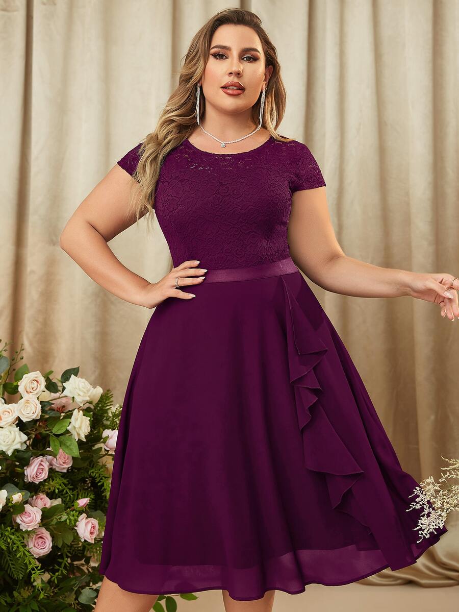 MIUSOL Vestido fiesta ribete con fruncido en contraste con encaje floral - Granate - Ver 1