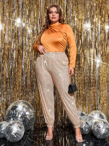 SHEIN Unity Plus Elastic Waist Sequin Pants - Champagne - View 5