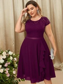 MIUSOL Vestido fiesta ribete con fruncido en contraste con encaje floral - Granate - Ver 3