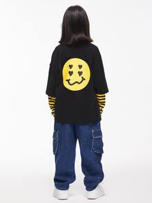 Camiseta informal de manga larga de ajuste holgado con estampado de cara feliz 2 en 1 para niño preadolescente en primavera y otoño - Negro - Ver 3